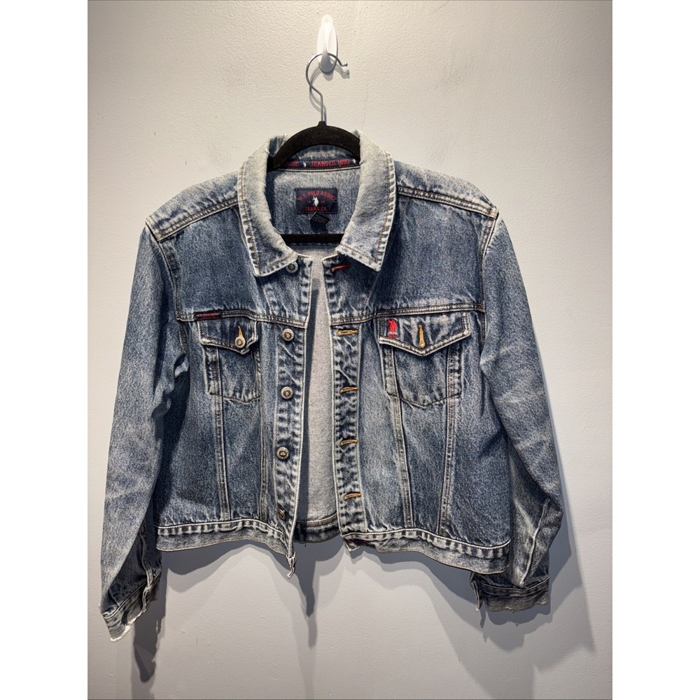 VTG US Polo Assn Denim Jean‎ Jacket Short Distressed Y2K Biker Western Chic 2XL